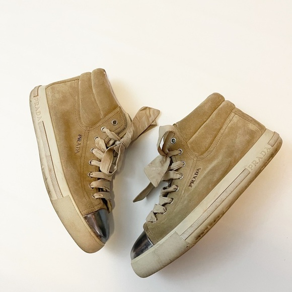 PRADA Beige Suede Ribbon High Top Metallic Cap Toe Lace Up Sneakers Shoes 37.5 - Picture 1 of 9